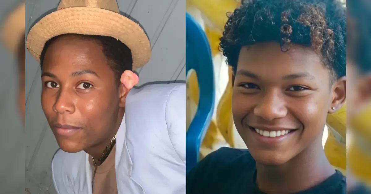 Two young men photographed side by side: left wears a straw hat with a pink flower, right smiles with short curly hair.