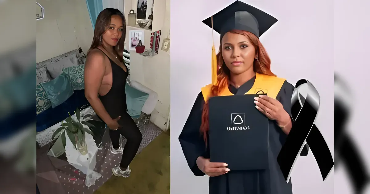 Left: woman in a black sleeveless outfit posing in a cozy room with plants and decor; right: graduate in cap and gown holding a diploma against a light backdrop with a black ribbon motif nearby