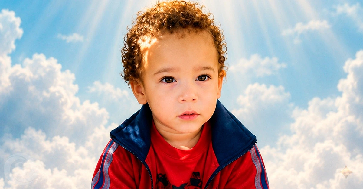 Young child with curly hair in a red shirt and navy jacket, looking at the camera with a cloudy sky backdrop.