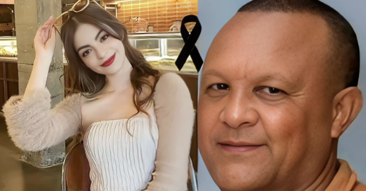 Woman in a white off-shoulder top with fluffy sleeves posing in a cafe, smiling; beside her, a man smiles at the camera; a black awareness ribbon is visible in the background.
