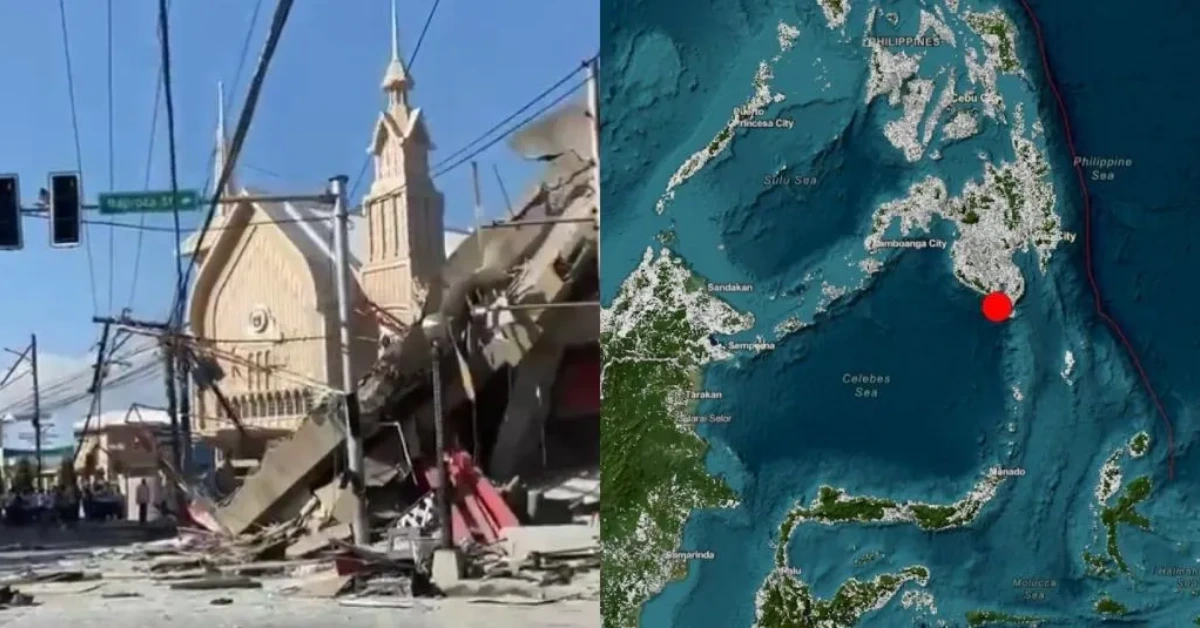 Split image: left shows a quake-damaged street with collapsed utility poles, debris, and a damaged church facade; right is a satellite map of the Philippines region with a red dot marking the epicenter in the Celebes Sea or nearby area.