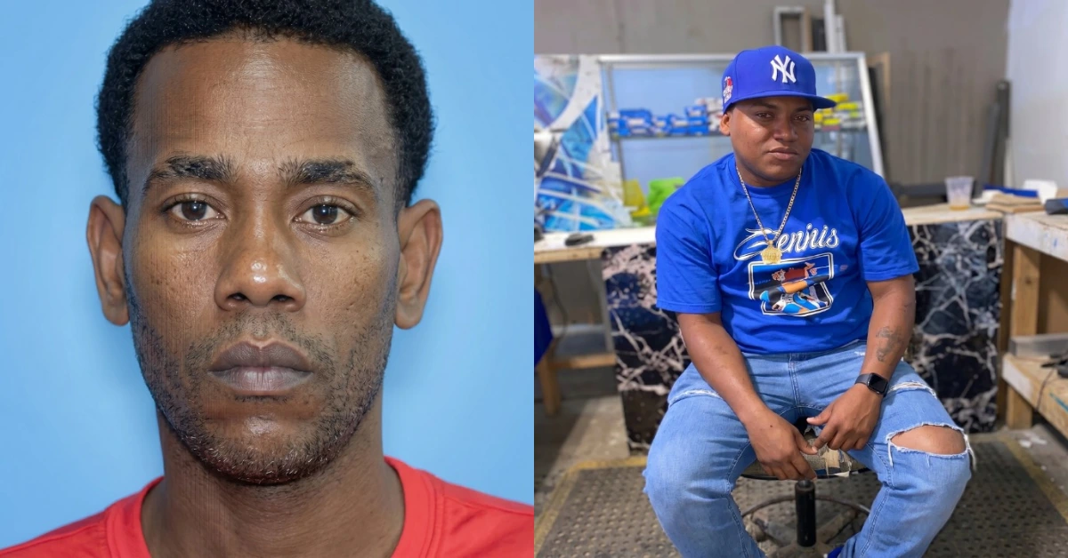 Left: close-up portrait of a Black man with short black hair wearing a red shirt against a blue background; neutral expression.