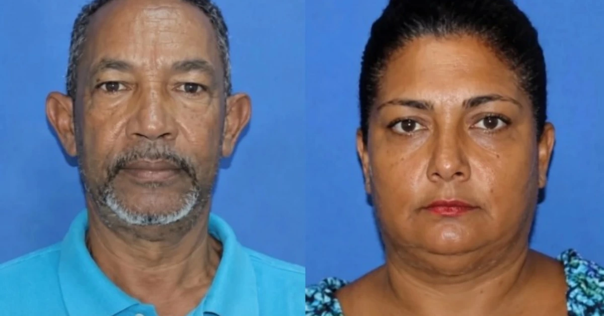 Side-by-side head-and-shoulder portraits: a man on the left and a woman on the right against a blue background, suggesting before-and-after treatment photos.