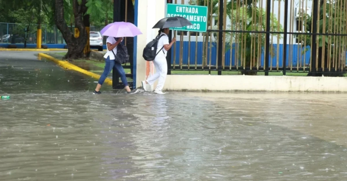 Two people hold umbrellas and wade through a flooded street near a gated area and green sign.