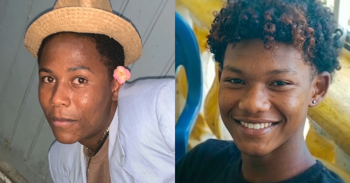 Two young men are shown side by side: the left person wears a straw hat and a flower behind the ear, with a light blazer; the right person smiles with short curly hair against a colorful background.