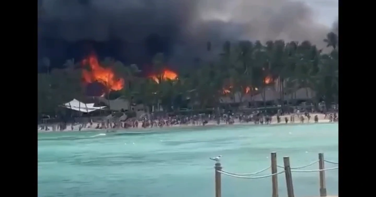 Beachfront scene with turquoise water and a crowd along the shore; behind them trees are on fire with thick smoke rising.
