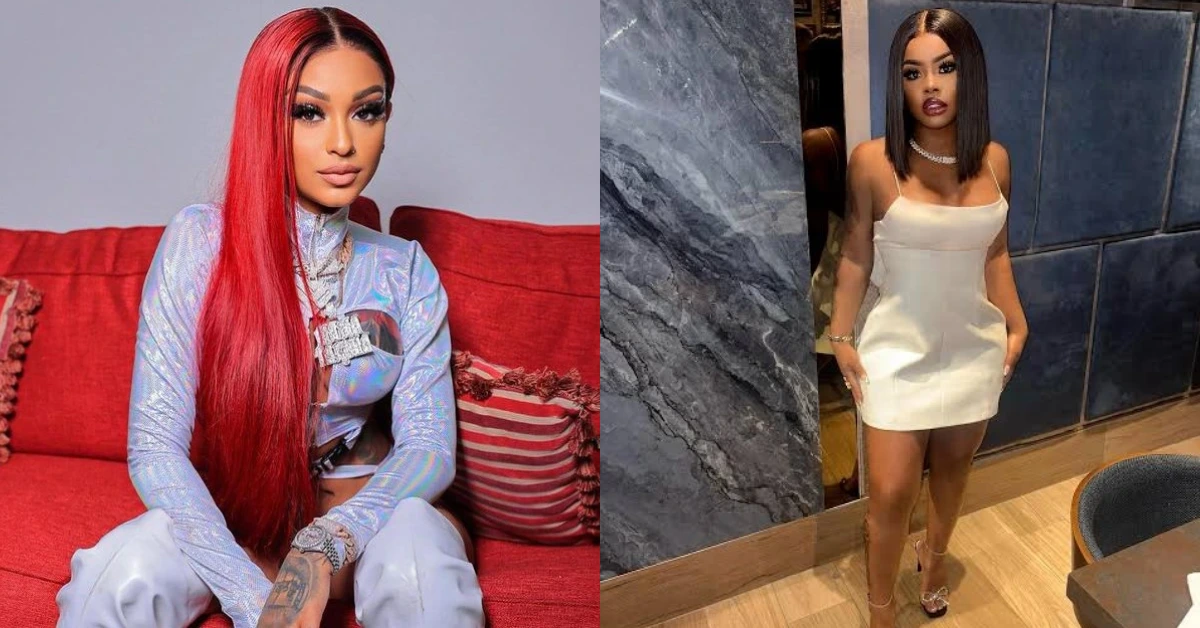 Two women posing side by side: left with long bright red hair in a shiny silver outfit on a red couch; right in a white mini dress against a marble wall.