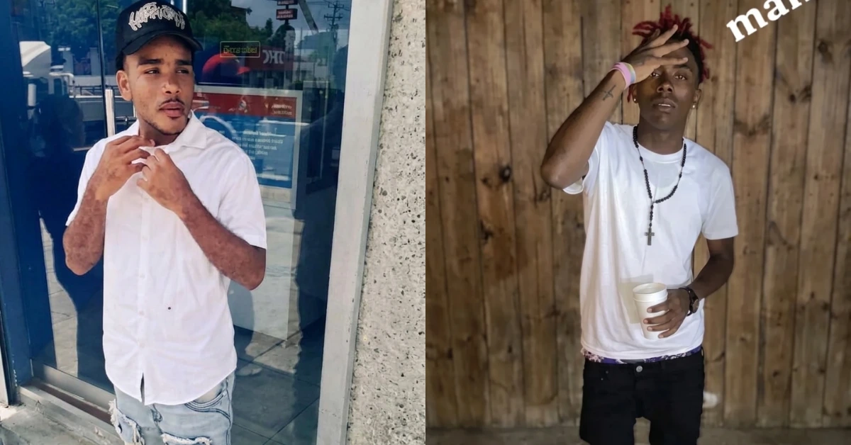 Two young men posing in white tops: one outside a storefront adjusting his collar, the other indoors against a wooden wall with a cup in hand and a hand over his forehead.