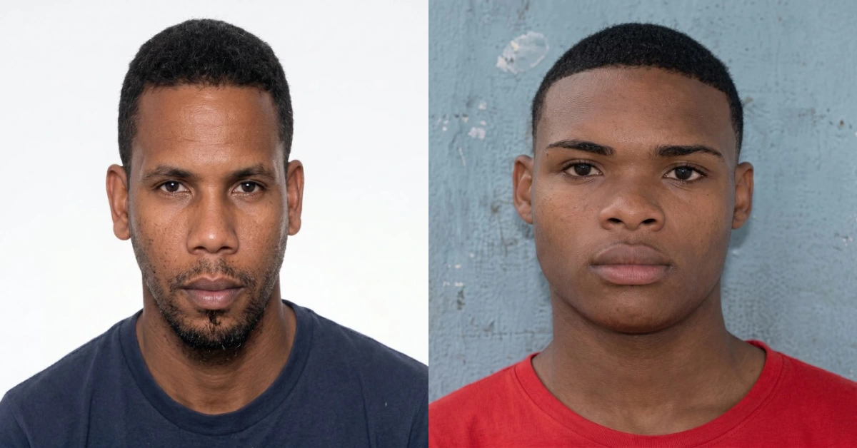 Two head‑and‑shoulders portraits side by side: left is an adult Black man with short hair and light stubble in a navy shirt; right is a younger Black man with a fade and a red shirt against a blue wall.