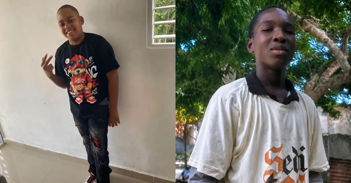 Two young boys posing for photos: one indoors wearing a black graphic t-shirt and ripped jeans, the other outdoors wearing a light-colored oversized t-shirt near a tree.