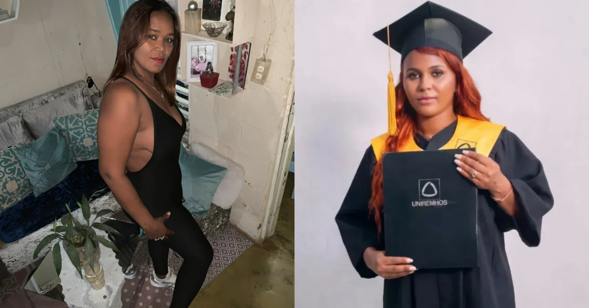 Side-by-side image: left shows a woman in a black sleeveless outfit standing in a cozy room; right shows a graduate in cap and gown holding a diploma.