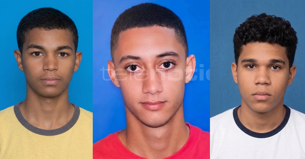 Triptych of three young men against blue backgrounds: left in yellow shirt, middle in red shirt, right in white shirt.