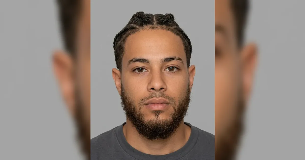 Mugshot of a young man with braided hair and a full beard, wearing a gray shirt against a gray background.