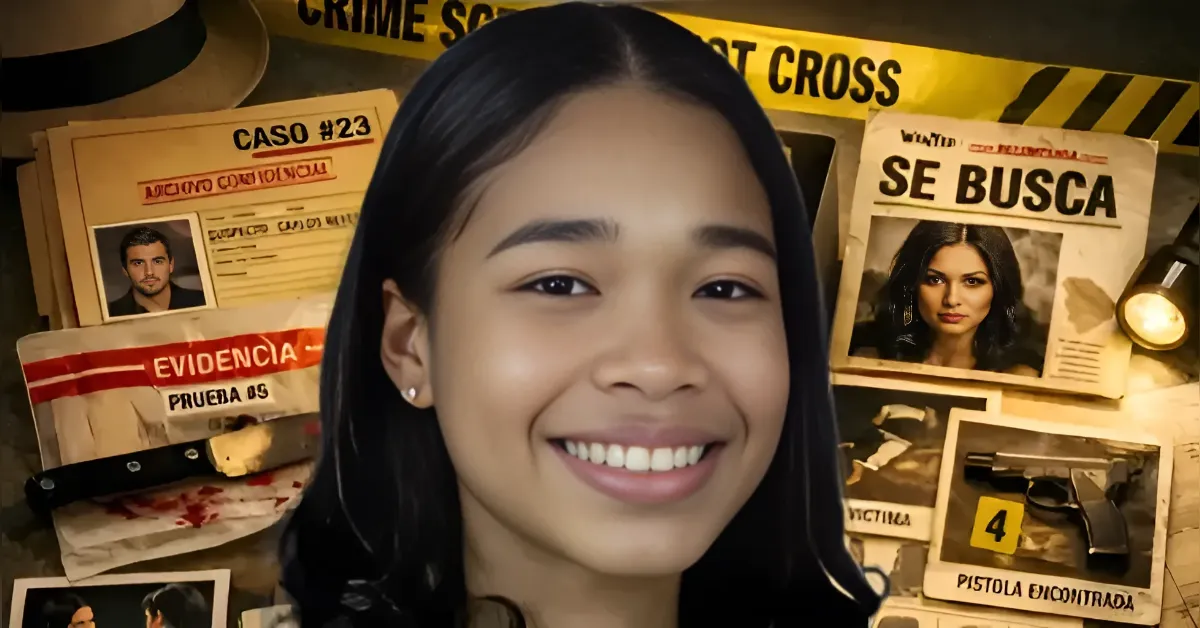 Smiling young woman in front of a wall of crime‑scene posters and yellow tape.