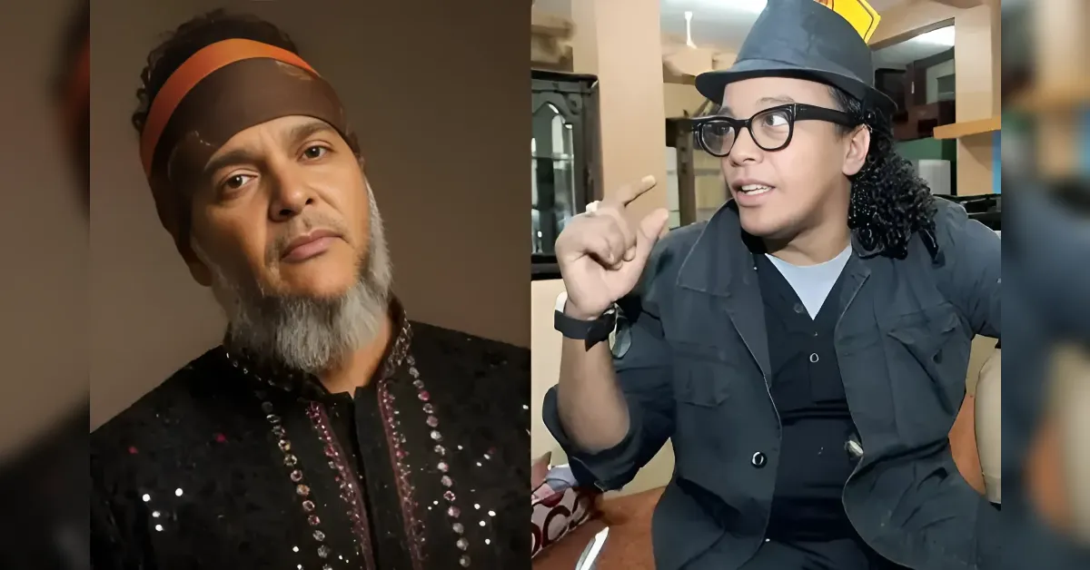 Split-screen of two people: left man with a brown headband and gray beard; right person wearing a hat, glasses, and a gray jacket, gesturing while talking in a workshop.