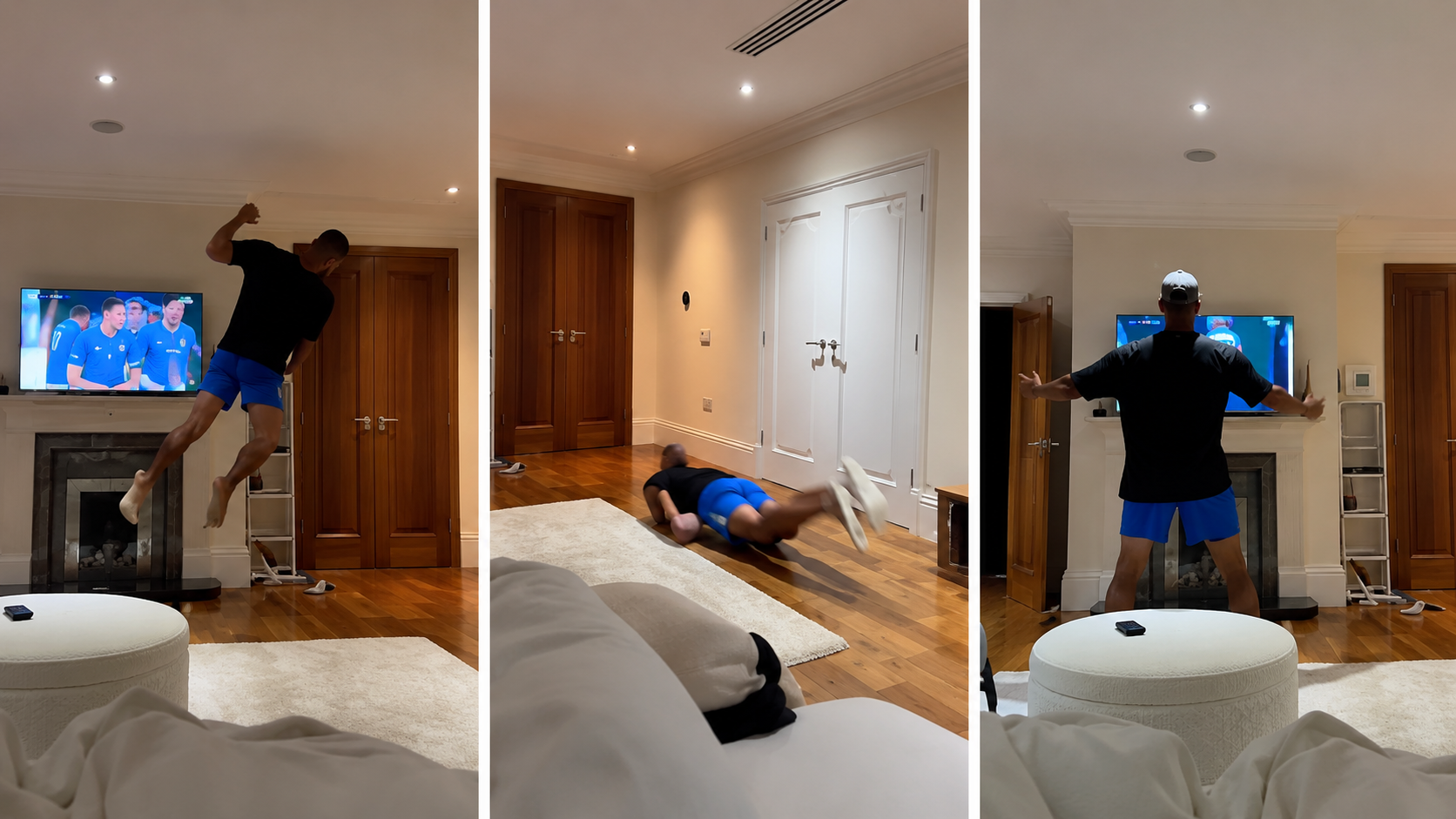 Three-panel photo of a man in a black shirt and blue shorts doing a home workout in a living room with a TV on a fireplace mantel. Left panel shows him jumping mid-air, middle panel shows him on the floor performing a core exercise, right panel shows a back view with arms outstretched toward the TV. The room has wooden floors, white walls, and closed wooden doors.