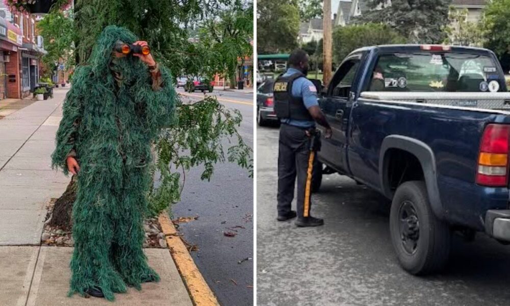 Person in a green ghillie suit on a city sidewalk, peering through orange binoculars; a street scene behind him left panel.