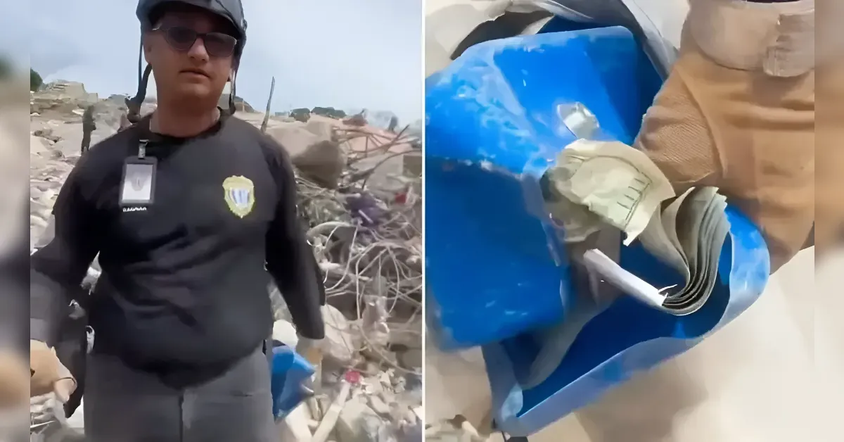 Split-screen: left shows a uniformed officer in a helmet among rubble; right shows a blue bag with bundles of cash.