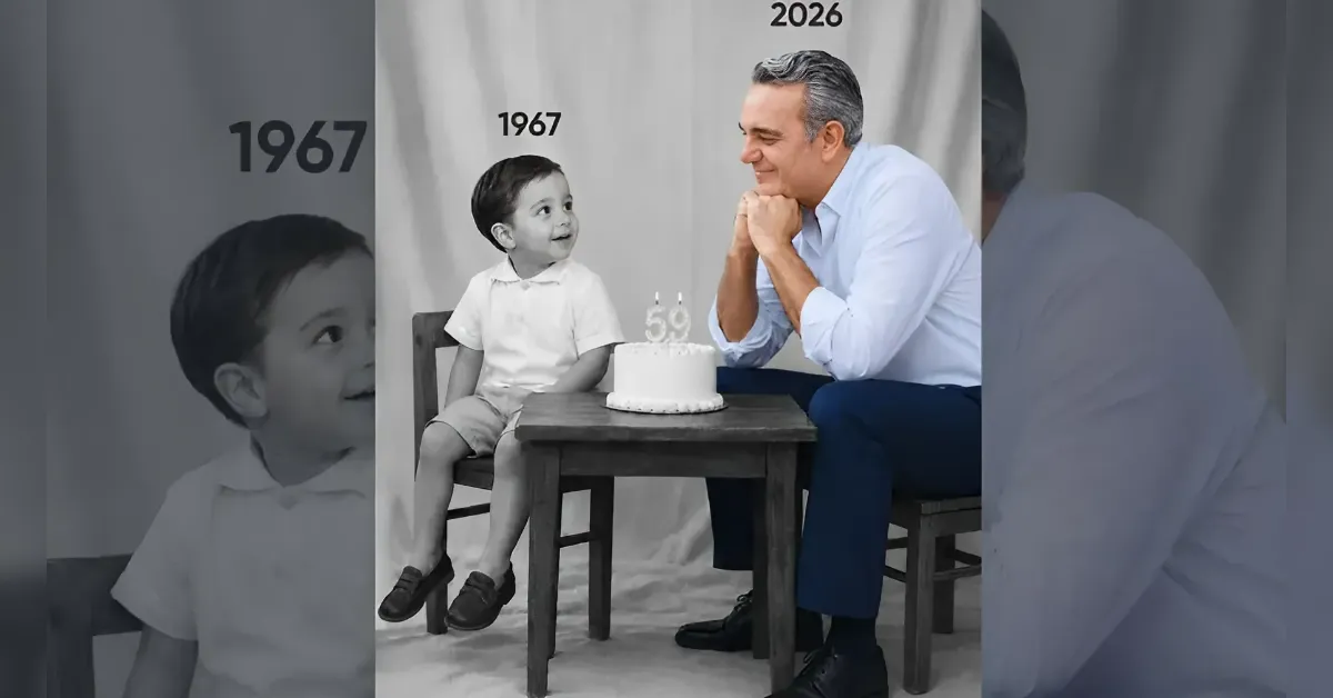 An older man and a young boy sit at a table with a birthday cake, sharing a moment of celebration in front of a backdrop showing 1967 and 2026.
