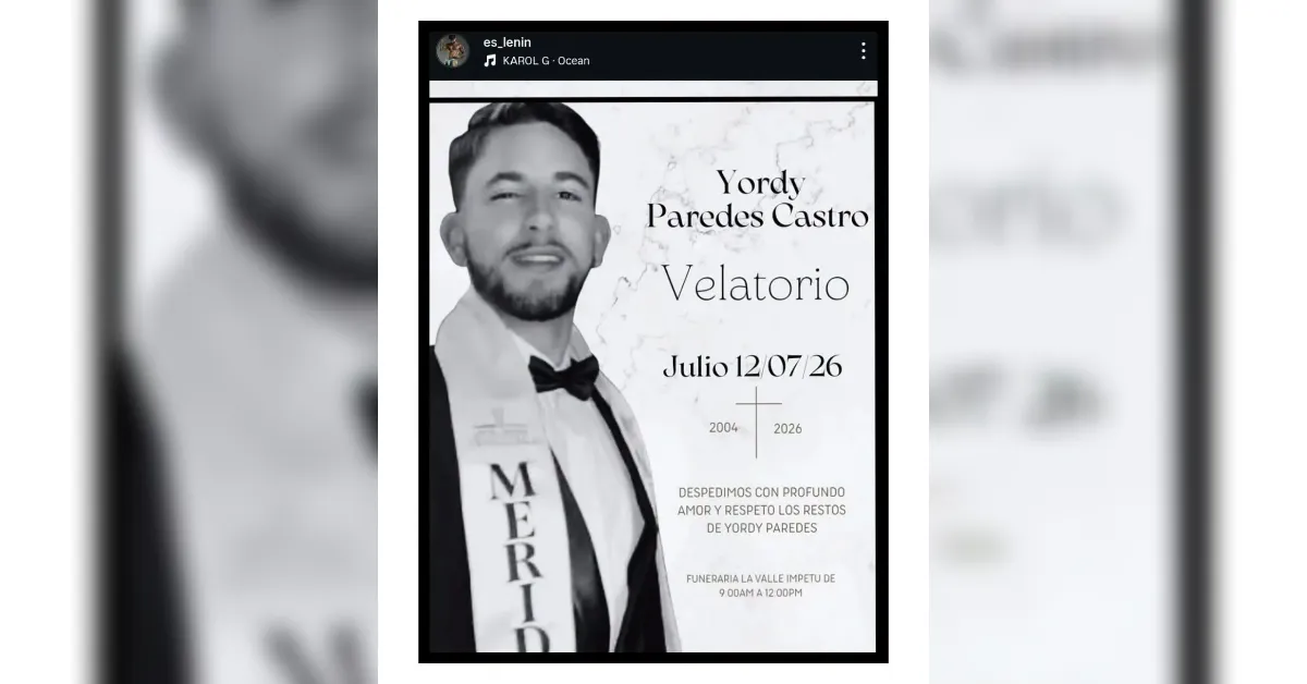 Funeral invitation poster for Yordy Paredes Castro (Velatorio) with a man in a tuxedo portrait and dates 2004–2026 in a black-and-white design, including cross icons and service details.