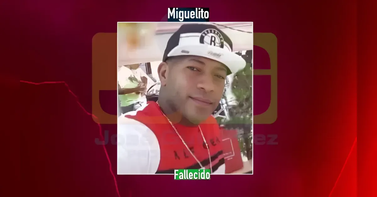 Tribute image for Miguelito: portrait of a young man in a red shirt and white cap, labeled 'Miguelito' and 'Fallecido' in green at the bottom.