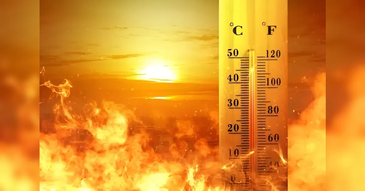 Thermometer showing around 40°C (104°F) surrounded by flames with a sunset in the background, illustrating extreme heat.