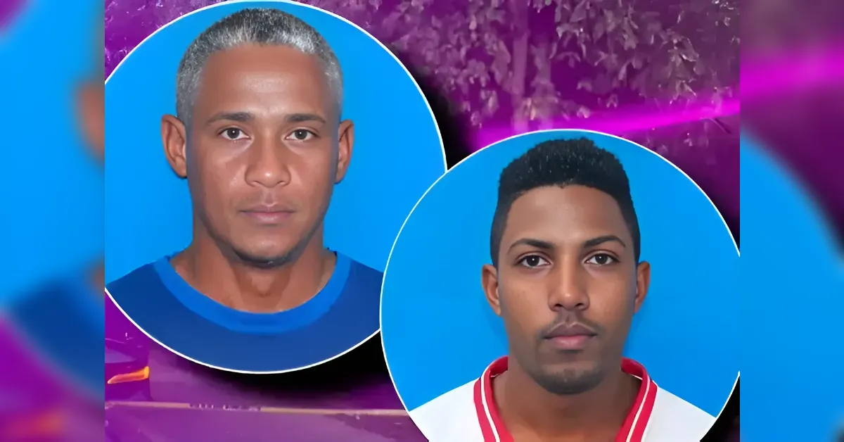 Two men shown in circular portrait frames overlapping on a purple-pink background, blue backdrops behind each headshot.
