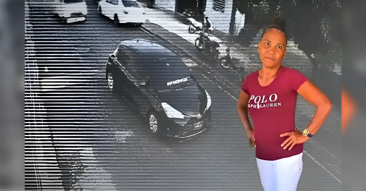 Woman in a pink polo shirt stands with hands on hips in front of a black-and-white street scene background