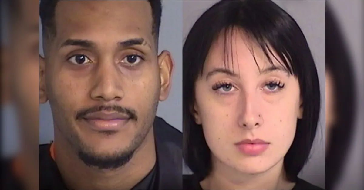 Side-by-side mugshots: left is a man with short dark hair and light stubble, right is a woman with black hair against a plain background.