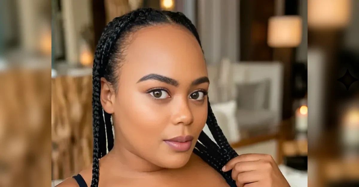 Close-up portrait of a woman with braided hair indoors, gazing at the camera while touching her braids.