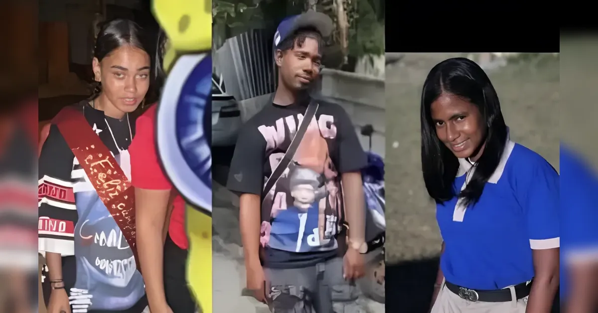 Triptych collage of three young people posing outdoors: left woman in a patterned shirt, middle man in a graphic tee and cap, right woman in a blue polo shirt.