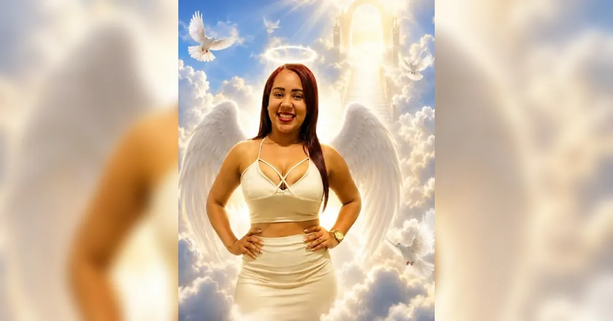 Smiling woman in a cream two‑piece outfit with white angel wings, standing against a cloudy, sunlit heavenly backdrop.