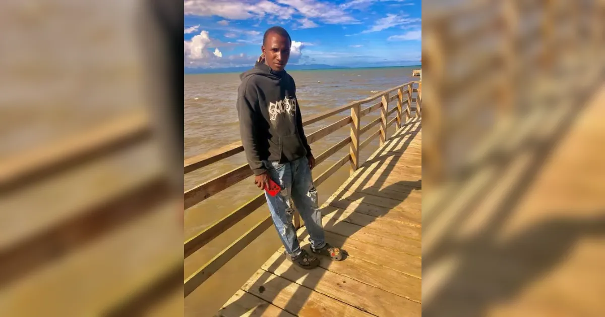 Young man wearing a black hoodie and ripped jeans stands on a wooden seaside pier, holding a red phone with the ocean in the background