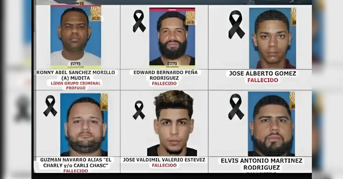 Grid of six mugshots with blue backgrounds, black mourning ribbons, and red 'FALLECIDO' labels indicating deceased individuals in a two-by-three layout by name.