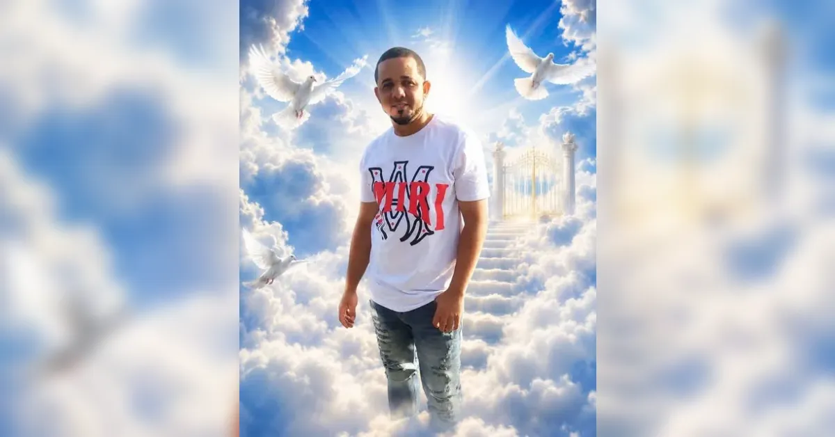 Man in a white t-shirt and jeans stands on fluffy clouds with white doves flying around and a glowing gate in the sky (surreal heaven scene).