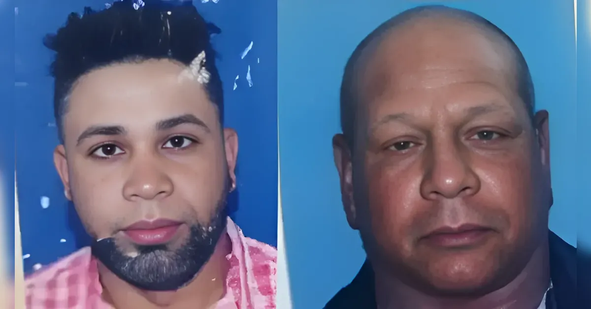 Two head-and-shoulder portraits side by side against blue backgrounds: left is a young man with a trimmed beard wearing a pink shirt; right is a bald, middle-aged man in a dark jacket.