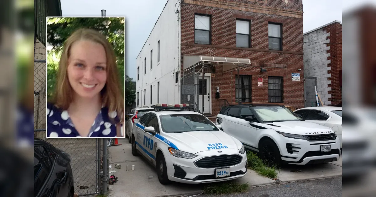 Missing person alert: inset portrait of a smiling woman beside a police car and building exterior scene with NYPD cars in a city alleyway.