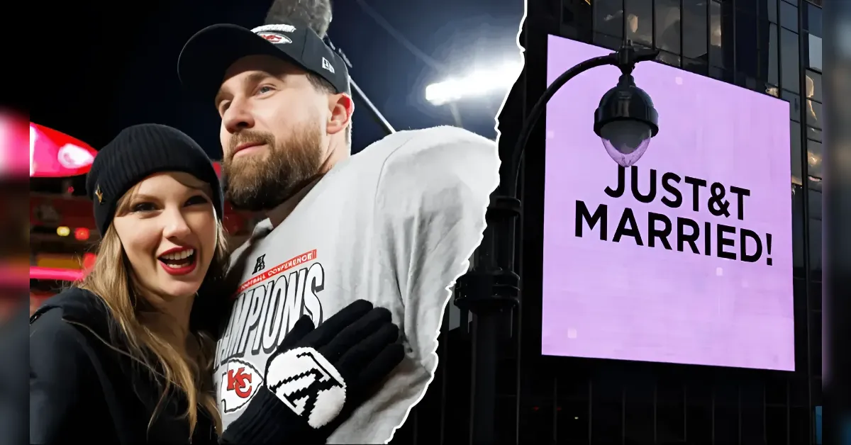 Couple celebrating a wedding in front of a city display that says "Just Married".
