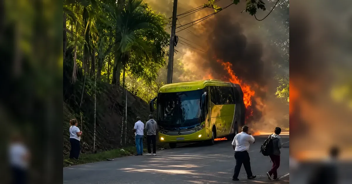 Yellow bus on fire on a road, smoke rising as bystanders watch from the sidewalk near green vegetation.