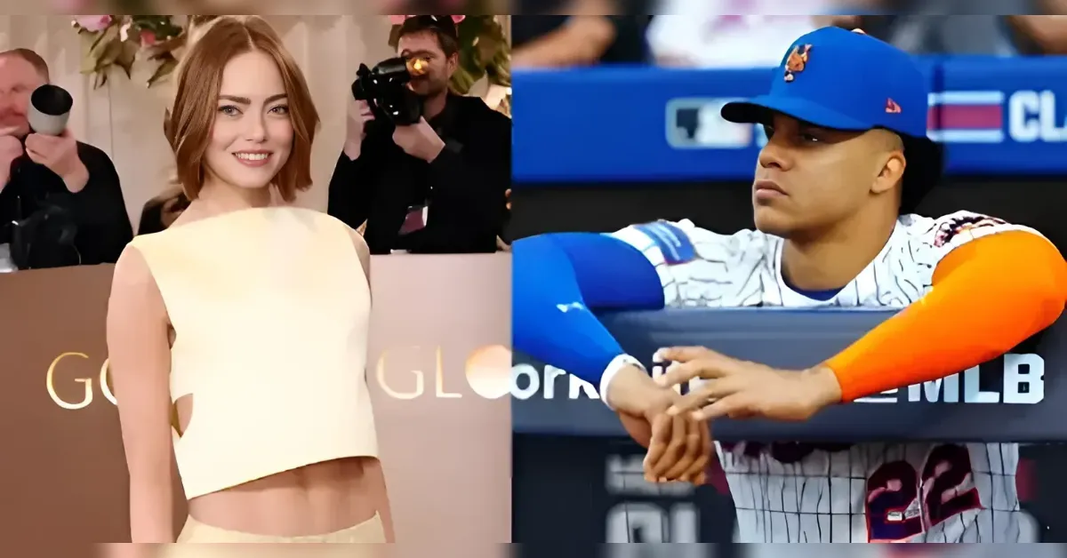 Smiling woman in a pale cream crop top dress at a red-carpet event on the left; on the right, a baseball player in a white pinstripe uniform with a blue cap leaning on a dugout railing.