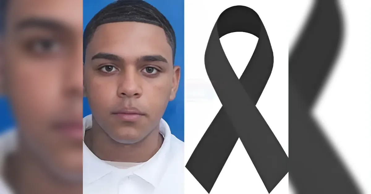 Collage showing a young man’s portrait beside a large black mourning ribbon, conveying remembrance or tribute to someone who has died.