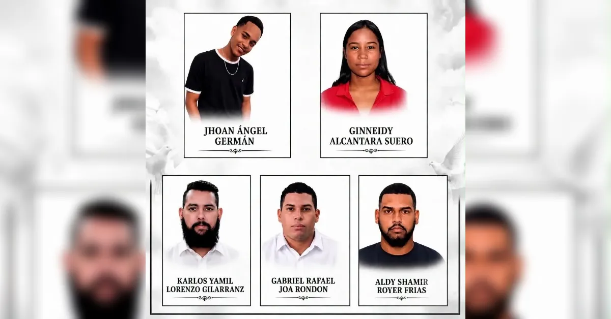 Poster with five framed headshots arranged in two rows: top row left Jhoan Ángel Germán, top row right Ginnidey Alcántara Suero; bottom row from left to right Karlos Yamil Lorenzo Gilarranz, Gabriel Rafael Joa Rondón, Aldy Shamir Royer Frías.