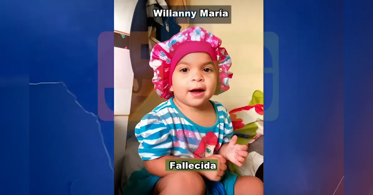 Young child wearing a pink frilly bonnet and blue striped shirt, with overlaid captions including a name and the word 'Fallecida' (deceased).