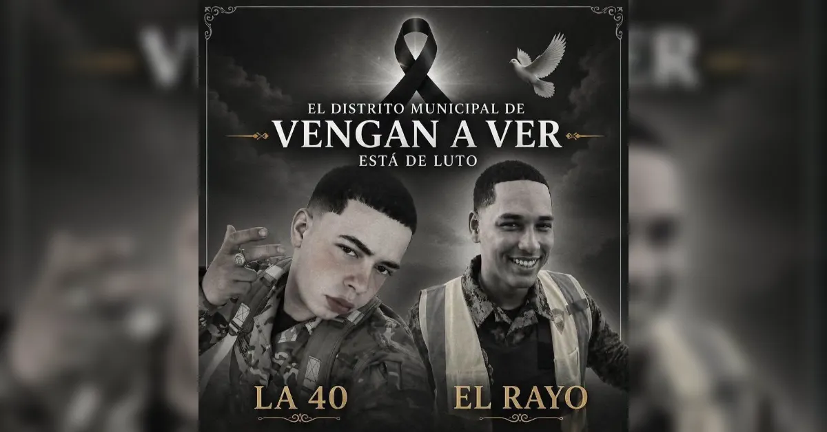 Memorial poster in grayscale featuring two men in uniforms, a black mourning ribbon, and the Spanish message 'El Distrito Municipal de Vengan a Ver está de luto'.