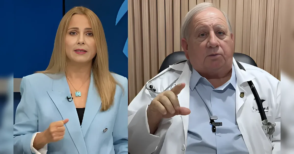 Split-screen interview: a female news host in a light blue blazer on the left and an older male doctor in a white coat on the right.