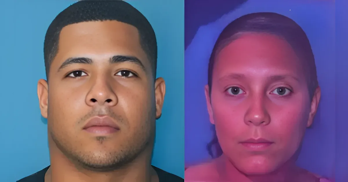 Split-screen portrait: a man on the left against a blue background and a woman on the right against a purple background, both facing the camera.