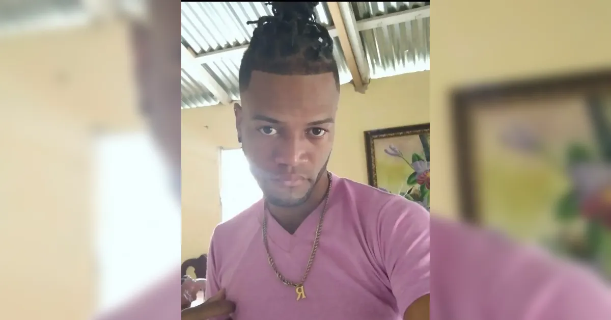 Close-up selfie of a man with braided topknot, wearing a pink V-neck shirt and a gold chain with an 'R' pendant, indoors near a painting on the wall.