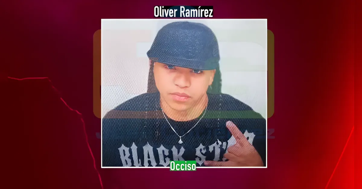 Portrait of a young man wearing a dark cap and black shirt, with a green 'Occiso' label at the bottom on a red memorial background.