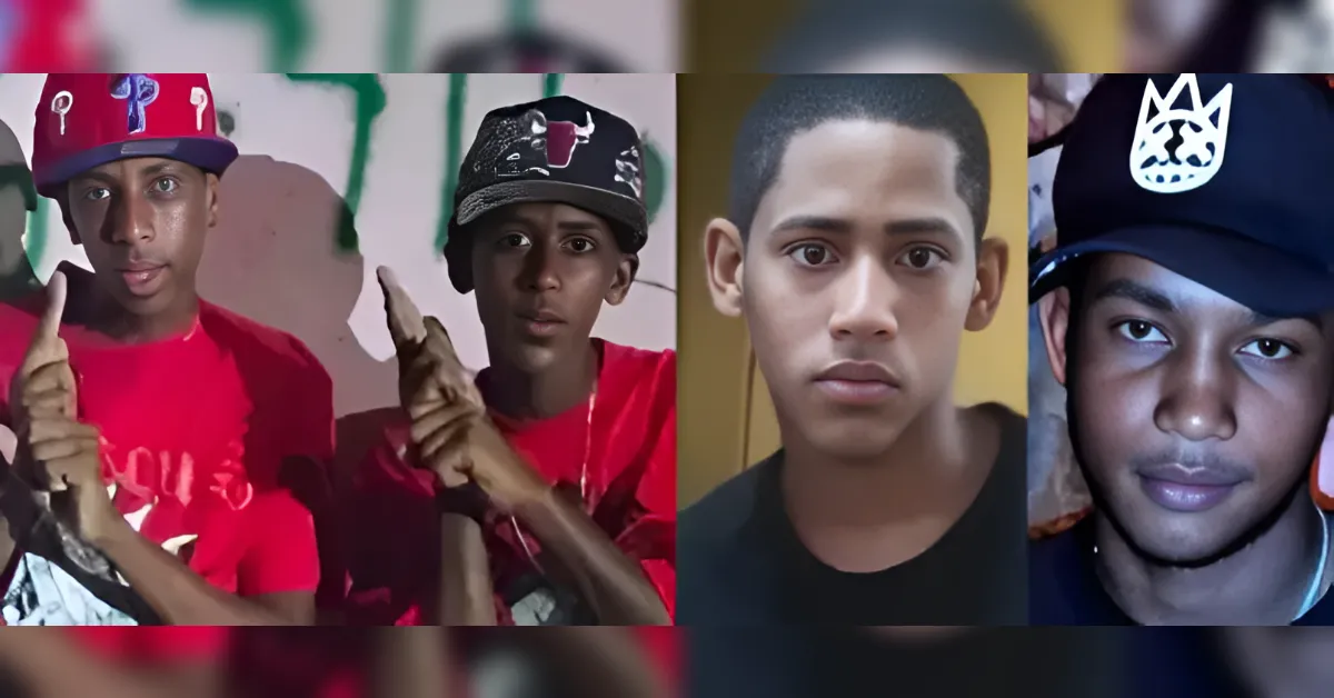 Collage of four young men looking at the camera; two in red shirts and hats on the left, a neutral-faced youth in the center, and a man wearing a dark cap with a white emblem on the right.