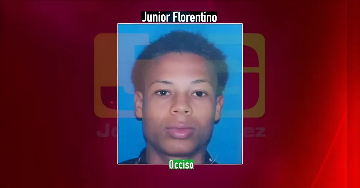 News graphic portrait of a young man labeled Junior Florentino with a green 'Occiso' badge at the bottom.